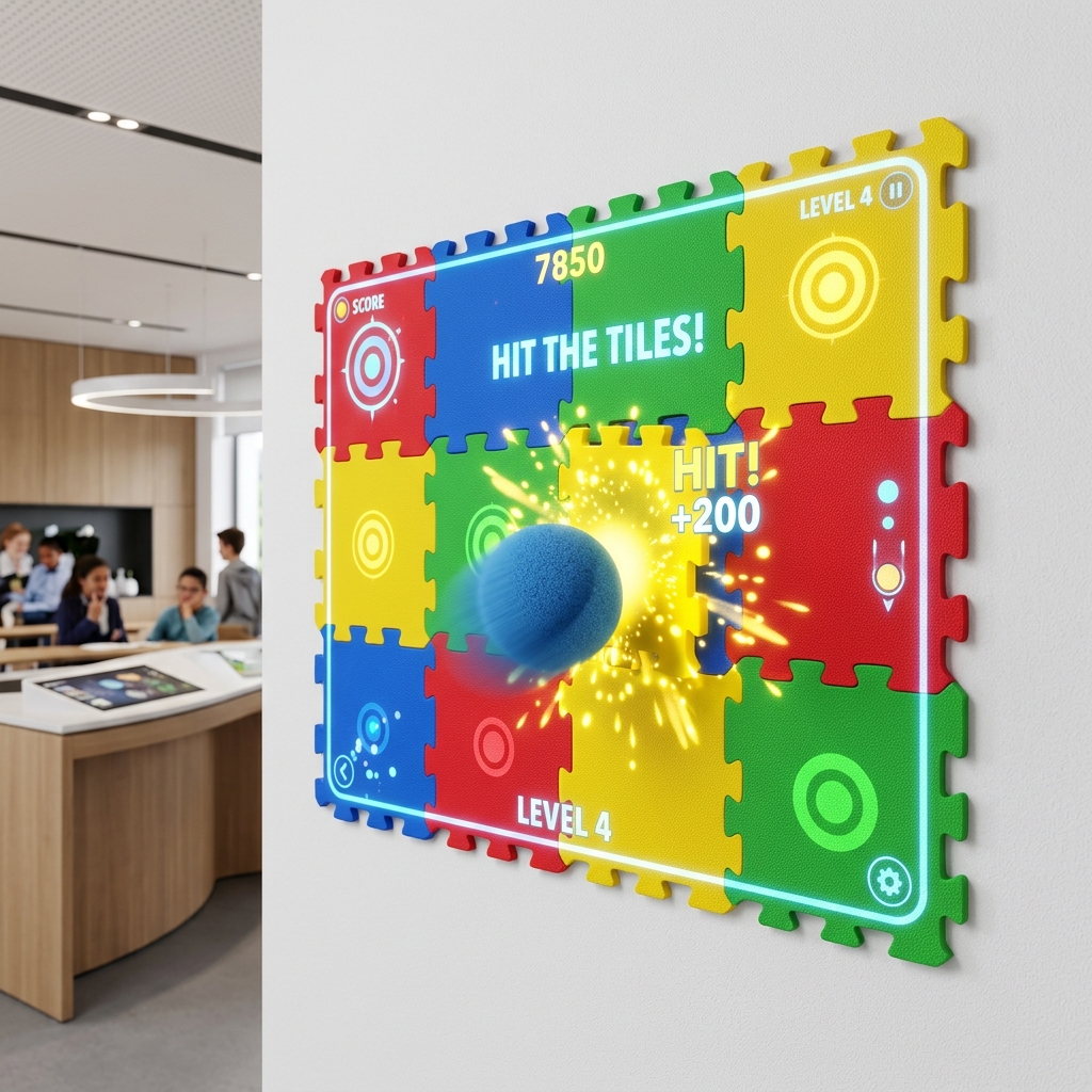 Child throwing a ball at the projected SenseGrid wall